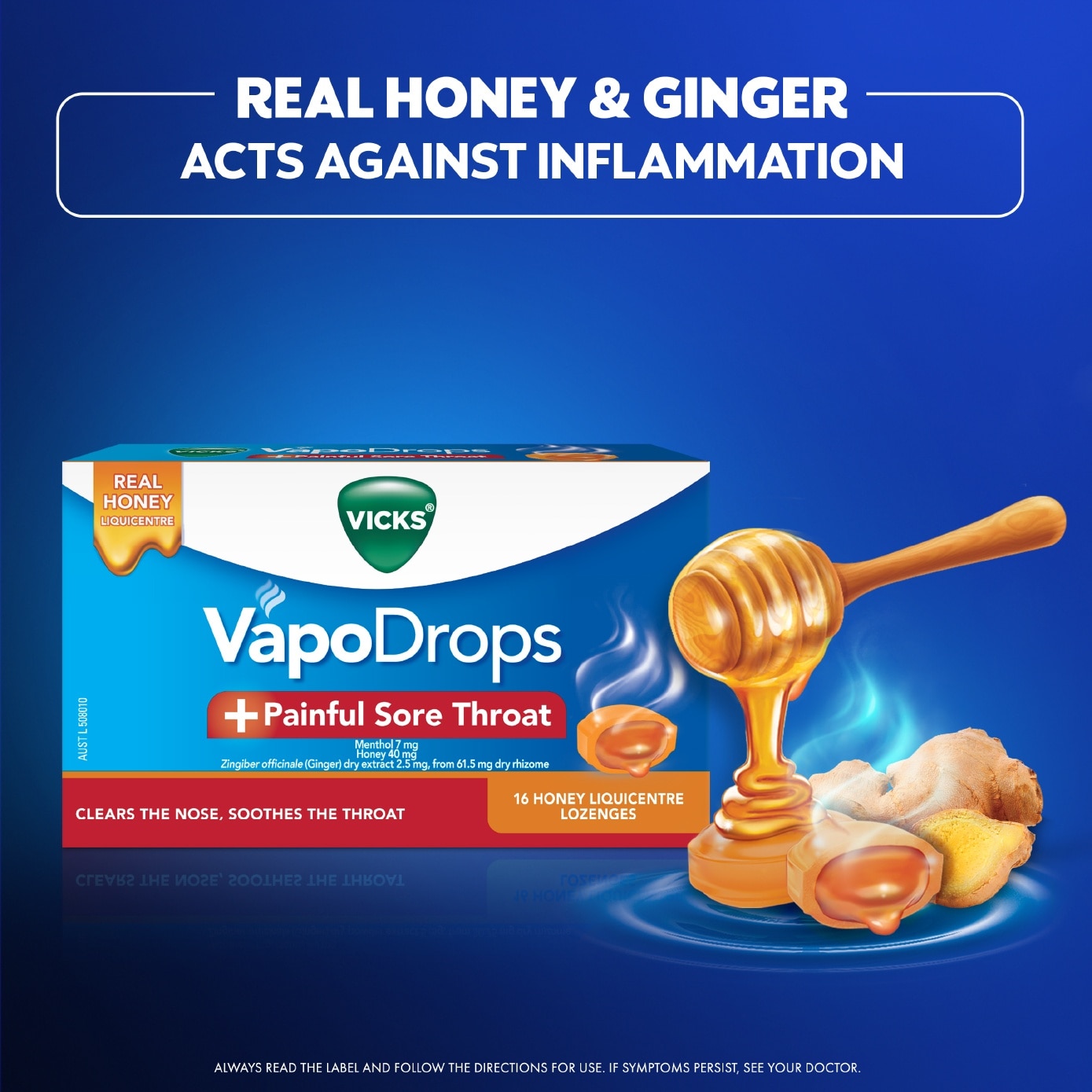 VapoDrops +Painful Sore Throat Honey Liquicentre Lozenge 16s