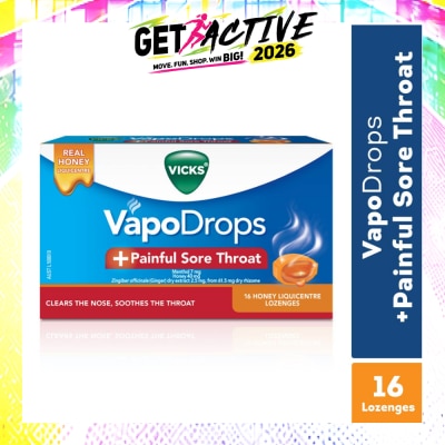 VICKS - VapoDrops +Painful Sore Throat Honey Liquicentre Lozenge 16s image
