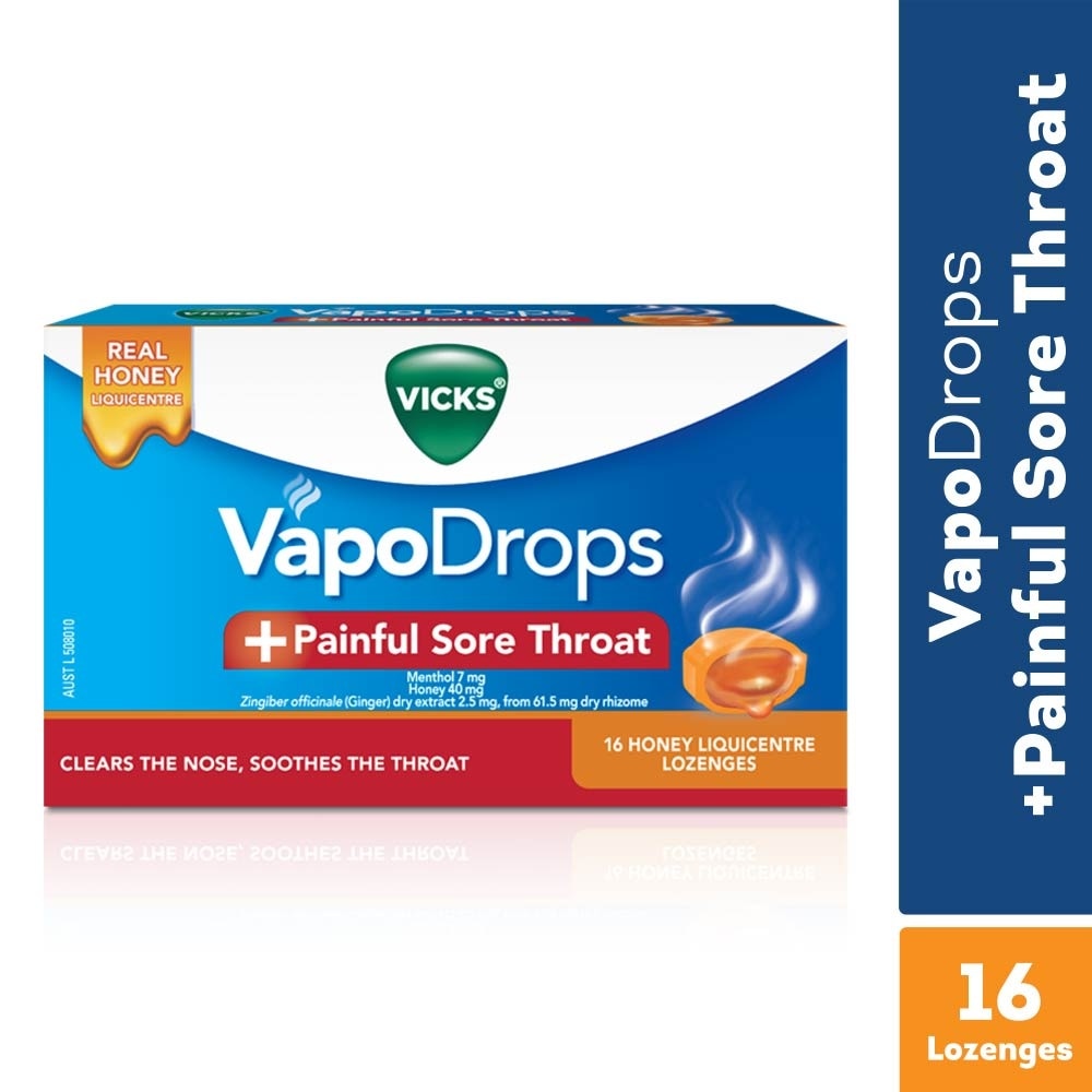 VapoDrops +Painful Sore Throat Honey Liquicentre Lozenge 16s image