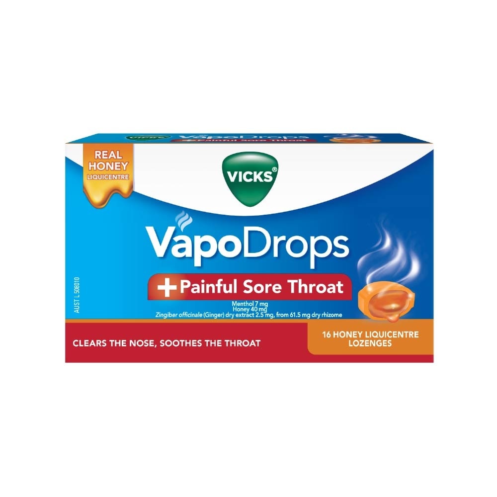 VapoDrops +Painful Sore Throat Honey Liquicentre Lozenge 16s image