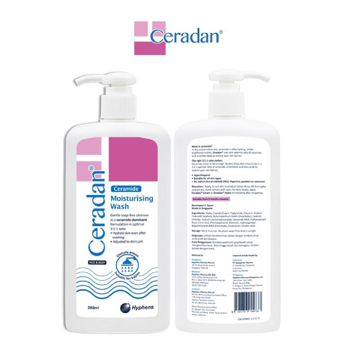 Moisturising Wash (Gentle, Lathering, Soap-free + 3:1:1 Ceramide-dominant + For Eczema-prone, Dry & Sensitive Skin) 280ml