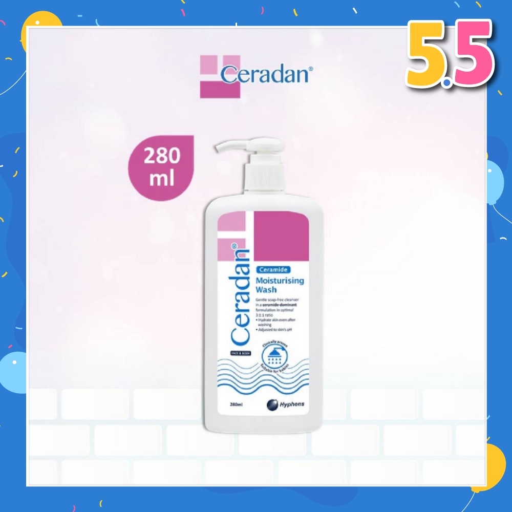 Moisturising Wash (Gentle, Lathering, Soap-free + 3:1:1 Ceramide-dominant + For Eczema-prone, Dry & Sensitive Skin) 280ml