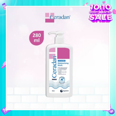 CERADAN Moisturising Wash (Gentle, Lathering, Soap-free + 3:1:1 Ceramide-dominant + For Eczema-prone, Dry & Sensitive Skin) 280ml