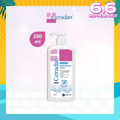 CERADAN Moisturising Wash (Gentle, Lathering, Soap-free + 3:1:1 Ceramide-dominant + For Eczema-prone, Dry & Sensitive Skin) 280ml