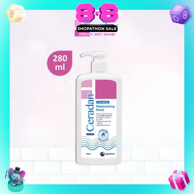 CERADAN - Moisturising Wash (Gentle, Lathering, Soap-free + 3:1:1 Ceramide-dominant + For Eczema-prone, Dry & Sensitive Skin) 280ml