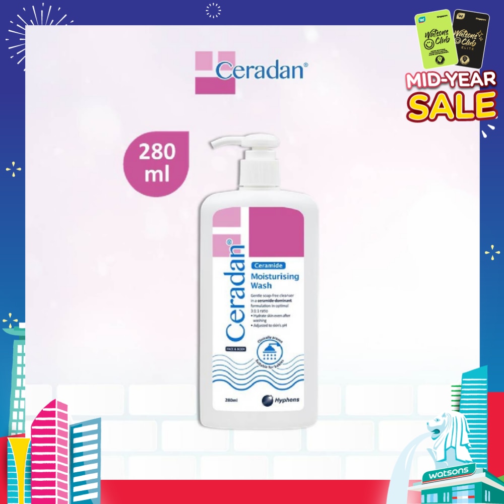Moisturising Wash (Gentle, Lathering, Soap-free + 3:1:1 Ceramide-dominant + For Eczema-prone, Dry & Sensitive Skin) 280ml