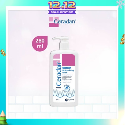CERADAN Moisturising Wash (Gentle, Lathering, Soap-free + 3:1:1 Ceramide-dominant + For Eczema-prone, Dry & Sensitive Skin) 280ml