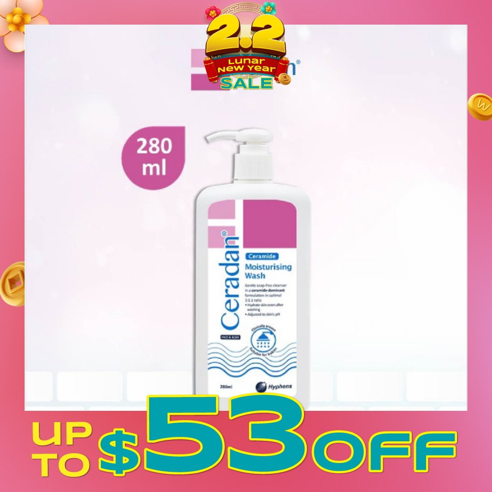 Moisturising Wash (Gentle, Lathering, Soap-free + 3:1:1 Ceramide-dominant + For Eczema-prone, Dry & Sensitive Skin) 280ml