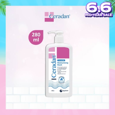 CERADAN Moisturising Wash (Gentle, Lathering, Soap-free + 3:1:1 Ceramide-dominant + For Eczema-prone, Dry & Sensitive Skin) 280ml