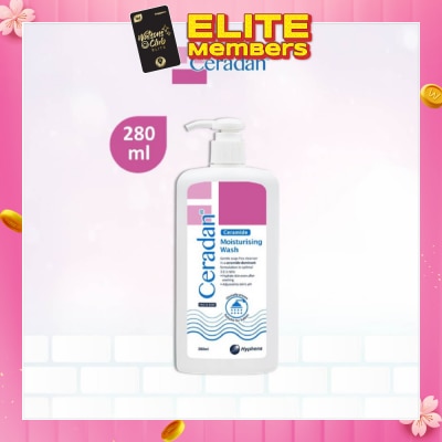 CERADAN Moisturising Wash (Gentle, Lathering, Soap-free + 3:1:1 Ceramide-dominant + For Eczema-prone, Dry & Sensitive Skin) 280ml