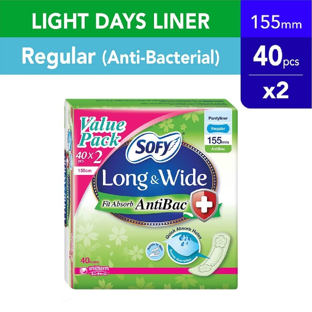 Long & Wide Fit Absorb AntiBac Light Days Pantyliner Regular Packset 40s x 2 pack