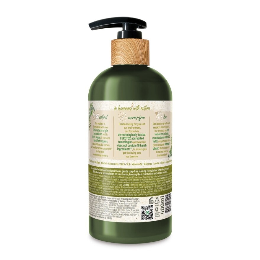 Olive Antibacterial Cream Hand Wash (Reduces 99.9% Bacteria + Free From Paraben & Alcohol +  Deep Moisturisation) 400ml