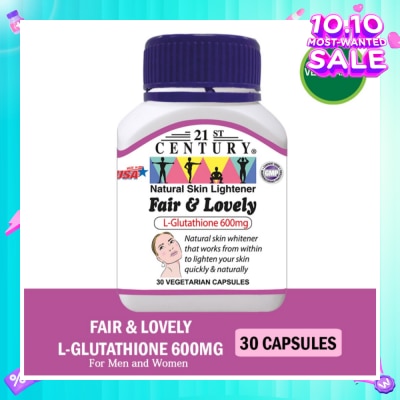 21ST CENTURY Fair & Lovely L-Glutathione 600mg Vegetarian Capsules (Natural Skin Lightener) 30s