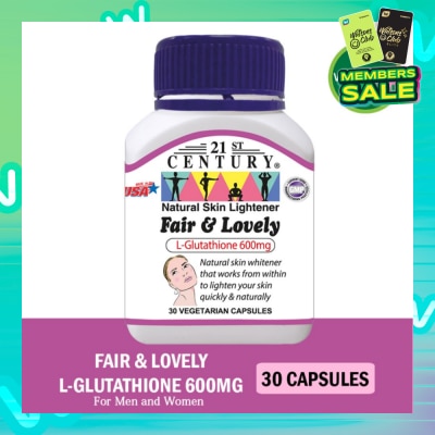 21ST CENTURY Fair & Lovely L-Glutathione 600mg Vegetarian Capsules (Natural Skin Lightener) 30s