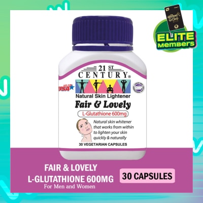 21ST CENTURY Fair & Lovely L-Glutathione 600mg Vegetarian Capsules (Natural Skin Lightener) 30s