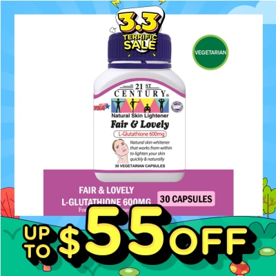21ST CENTURY Fair & Lovely L-Glutathione 600mg Vegetarian Capsules (Natural Skin Lightener) 30s