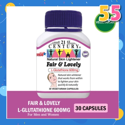 21ST CENTURY Fair & Lovely L-Glutathione 600mg Vegetarian Capsules (Natural Skin Lightener) 30s