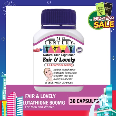 21ST CENTURY Fair & Lovely L-Glutathione 600mg Vegetarian Capsules (Natural Skin Lightener) 30s