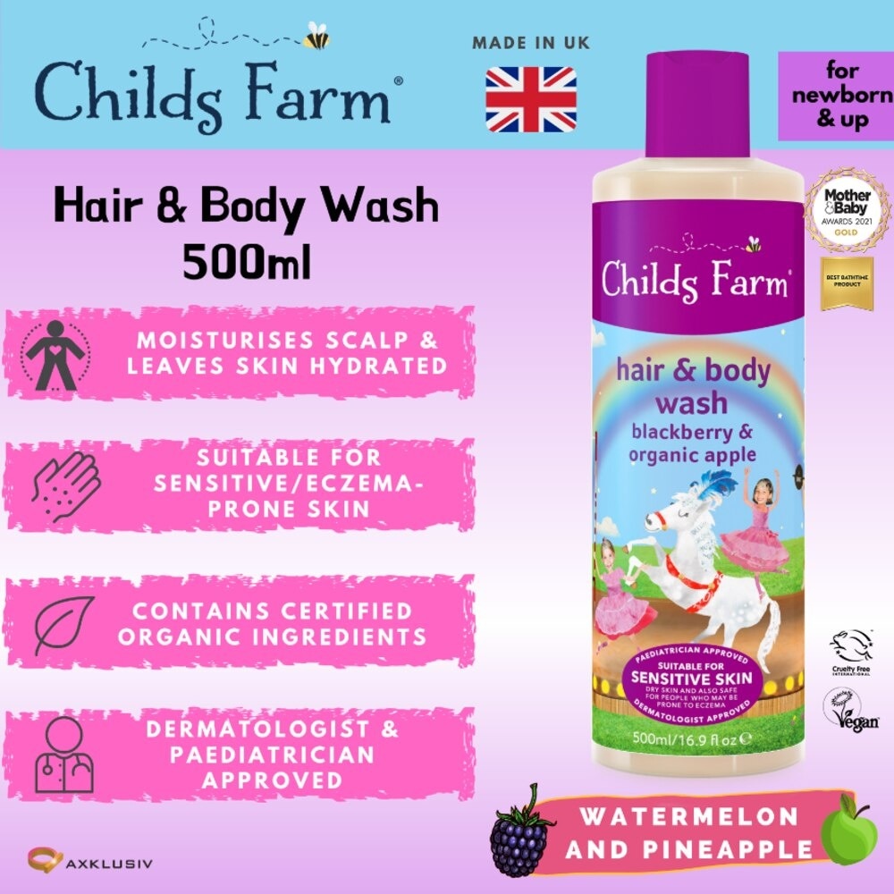 Blackberry & Organic Apple Hair & Body Wash (Suitable For Newborns & Older + Suitable For Sensitive & Eczema Prone Skin) 500ml