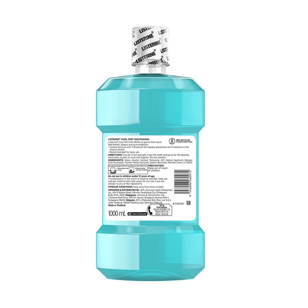 Mouthwash Cool Mint With 4 Essential Oils (Kills 99.9% Germs That Causes Bad Breath) 1000ml