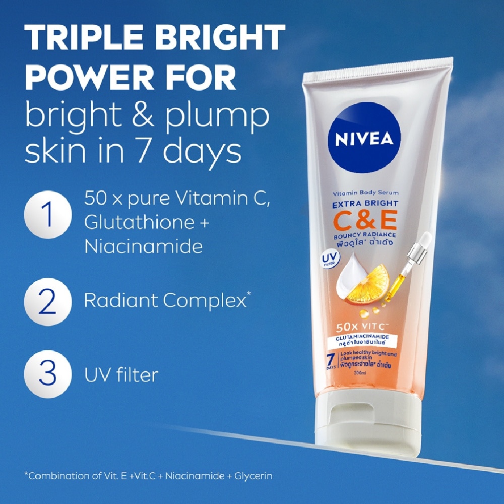 NIVEA® Extra White C&E Vitamin Lotion with 50x Vitamin C & concentrated Vitamin E to repair & moisturise skin.