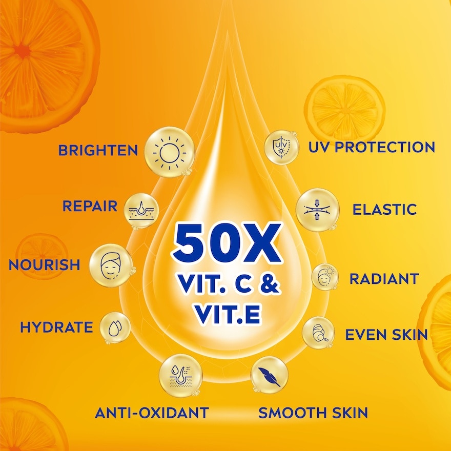 NIVEA® Extra White C&E Vitamin Lotion with 50x Vitamin C & concentrated Vitamin E to repair & moisturise skin.