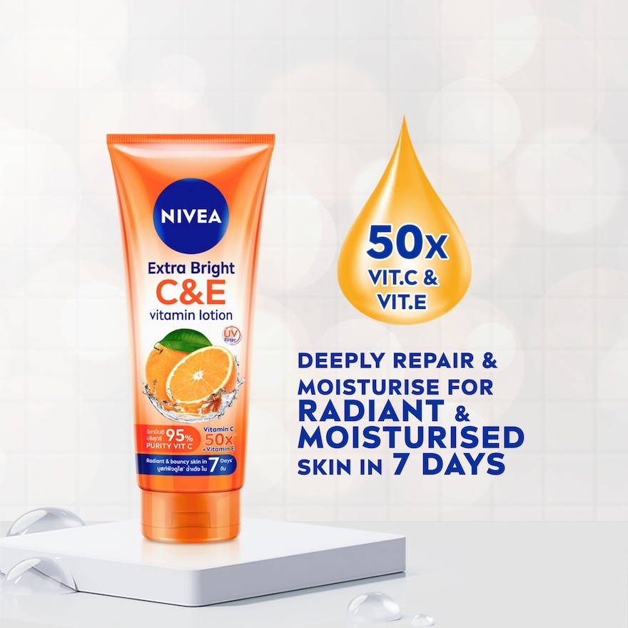 NIVEA® Extra White C&E Vitamin Lotion with 50x Vitamin C & concentrated Vitamin E to repair & moisturise skin.