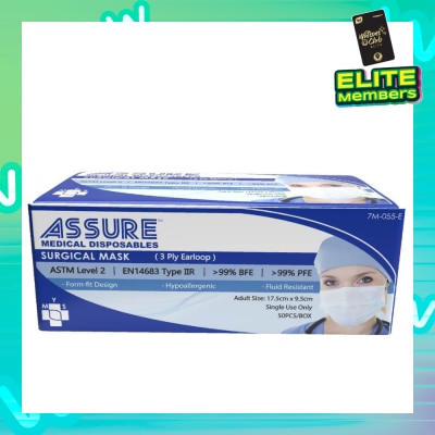 ASSURE 3ply Surgical Disposable Face Mask Earloop Adult (BFE >99% + PFE >99%) 50s