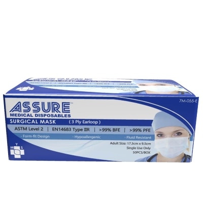 ASSURE 3ply Surgical Disposable Face Mask Earloop Adult (BFE >99% + PFE >99%) 50s