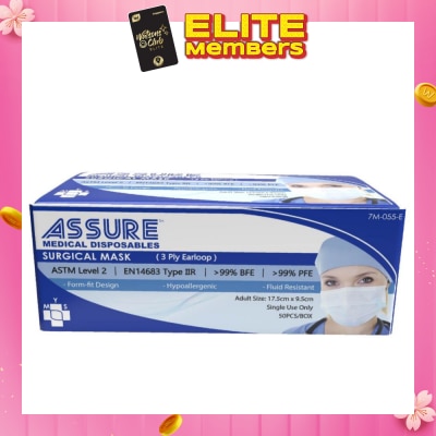 ASSURE 3ply Surgical Disposable Face Mask Earloop Adult (BFE >99% + PFE >99%) 50s