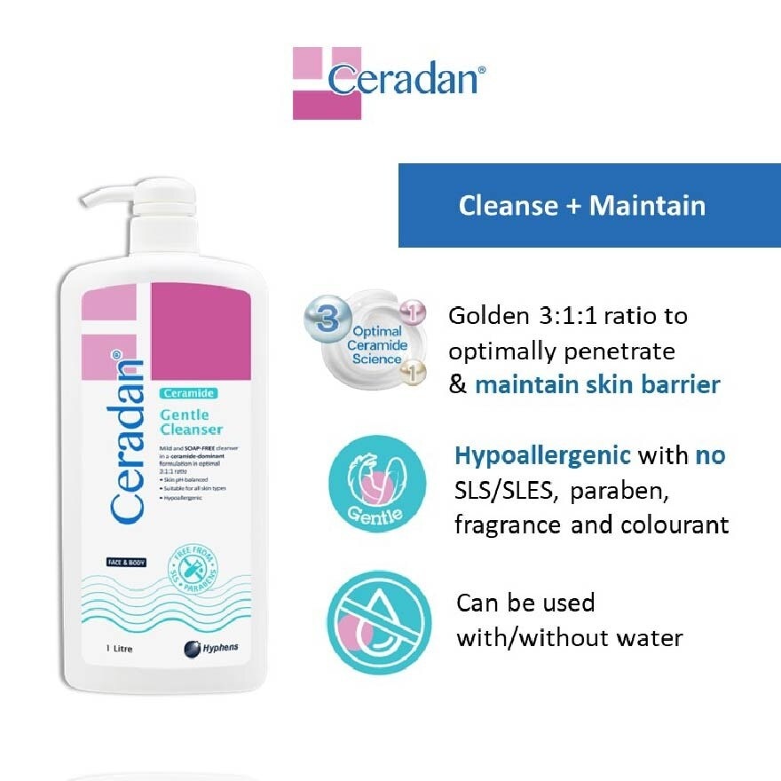 Gentle Cleanser (Gentle, Non-foaming gel, Soap-free + 3:1:1 Ceramide-dominant + For Eczema-prone, Dry & Sensitive Skin) 1L