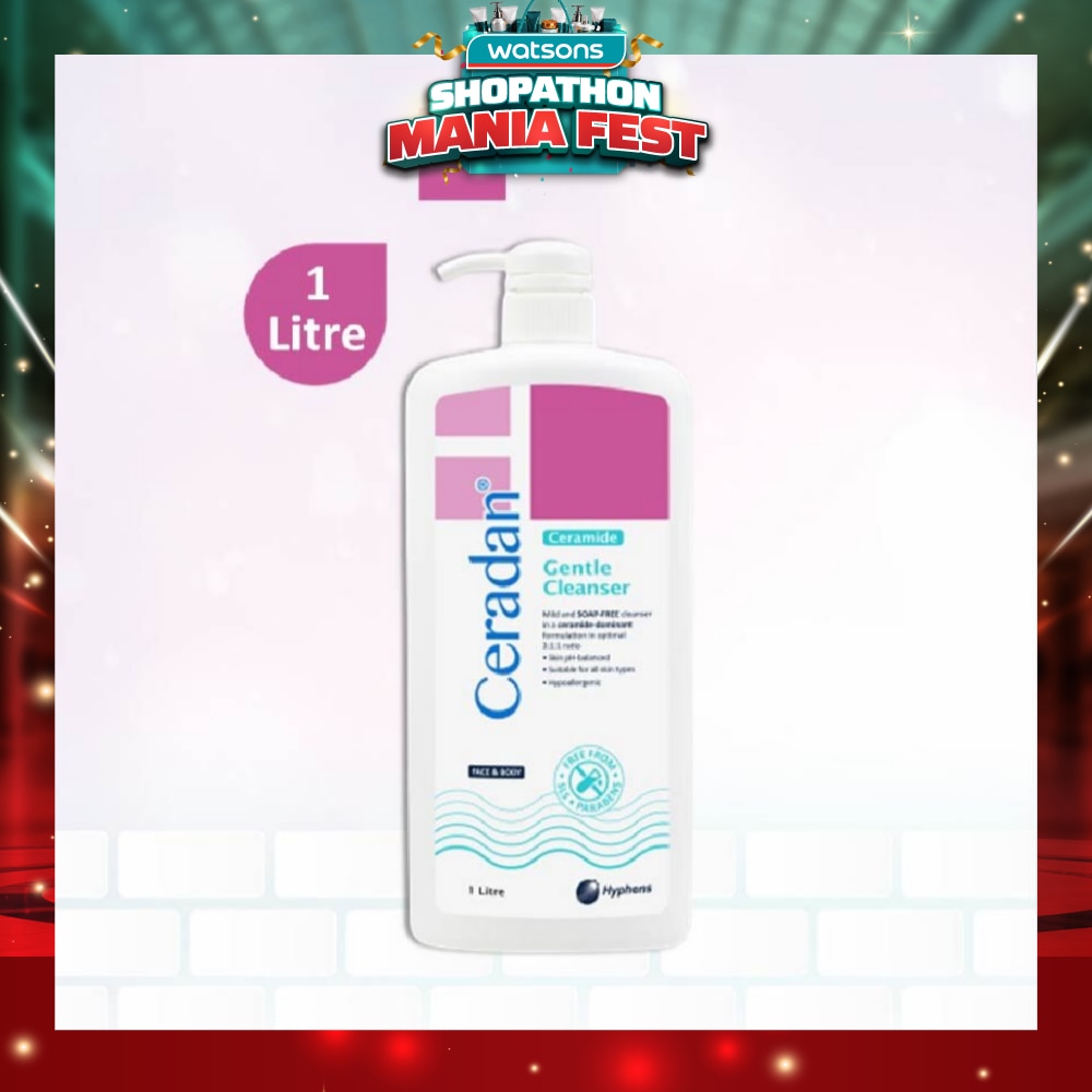 Gentle Cleanser (Gentle, Non-foaming gel, Soap-free + 3:1:1 Ceramide-dominant + For Eczema-prone, Dry & Sensitive Skin) 1L