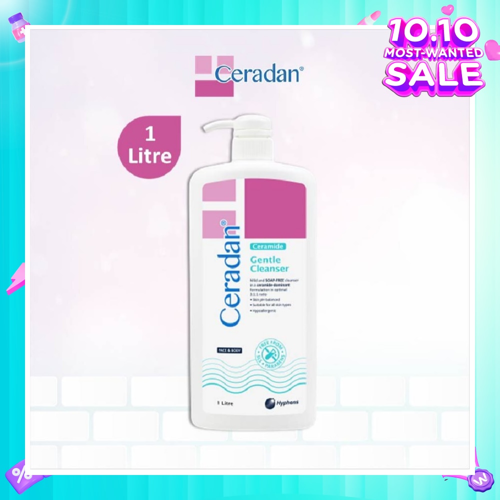 Gentle Cleanser (Gentle, Non-foaming gel, Soap-free + 3:1:1 Ceramide-dominant + For Eczema-prone, Dry & Sensitive Skin) 1L