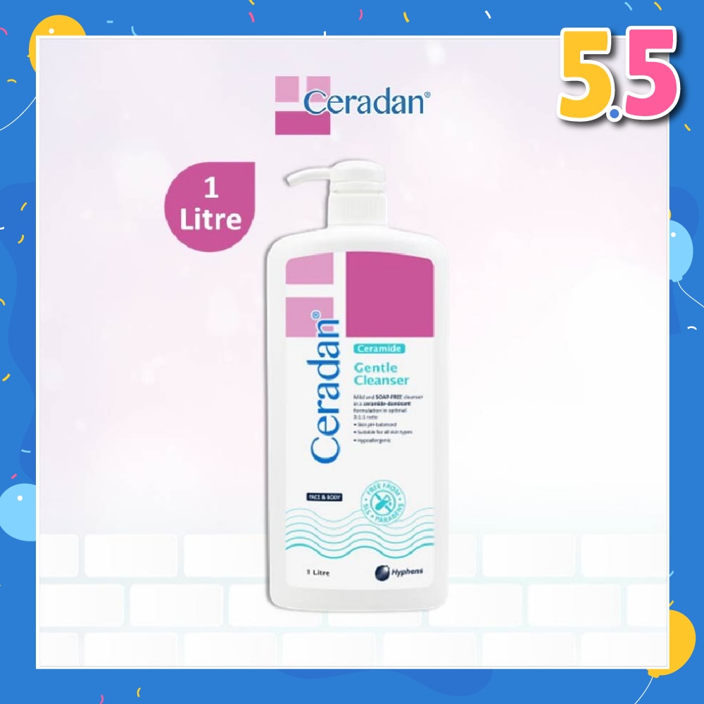 Gentle Cleanser (Gentle, Non-foaming gel, Soap-free + 3:1:1 Ceramide-dominant + For Eczema-prone, Dry & Sensitive Skin) 1L