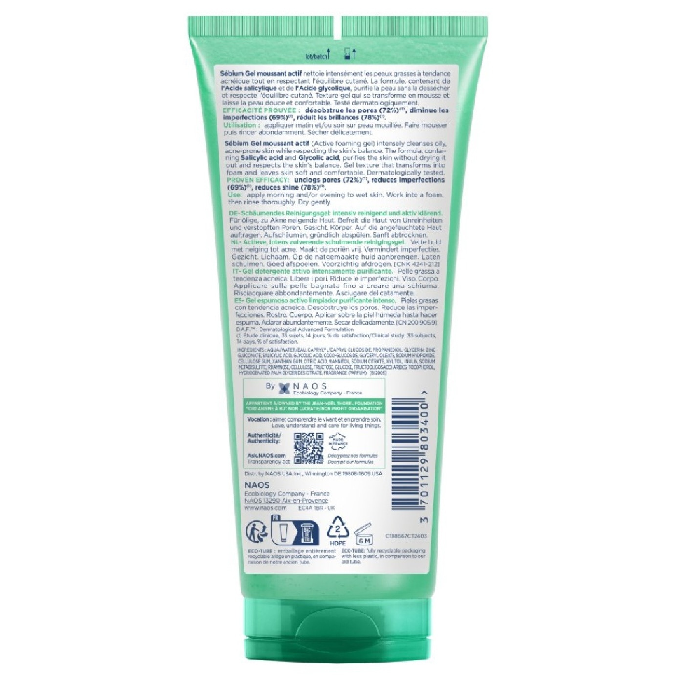 Sebium Gel Moussant Actif Anti-Acne Treatment Foaming Gel Cleanser (Helps To Reduce Acne & Blackheads For Oily, Acne-Prone Skin) 200ml