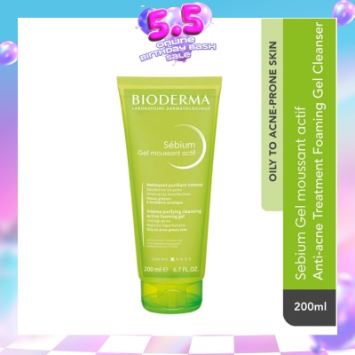 BIODERMA - Sebium Gel Moussant Actif Anti-Acne Treatment Foaming Gel Cleanser (Helps To Reduce Acne & Blackheads For Oily, Acne-Prone Skin) 200ml