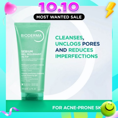 BIODERMA Sebium Gel Moussant Actif Anti Acne Treatment Foaming Gel Cleanser (Helps To Reduce Acne & Blackheads For Oily, Acne Prone Skin) 200ml image
