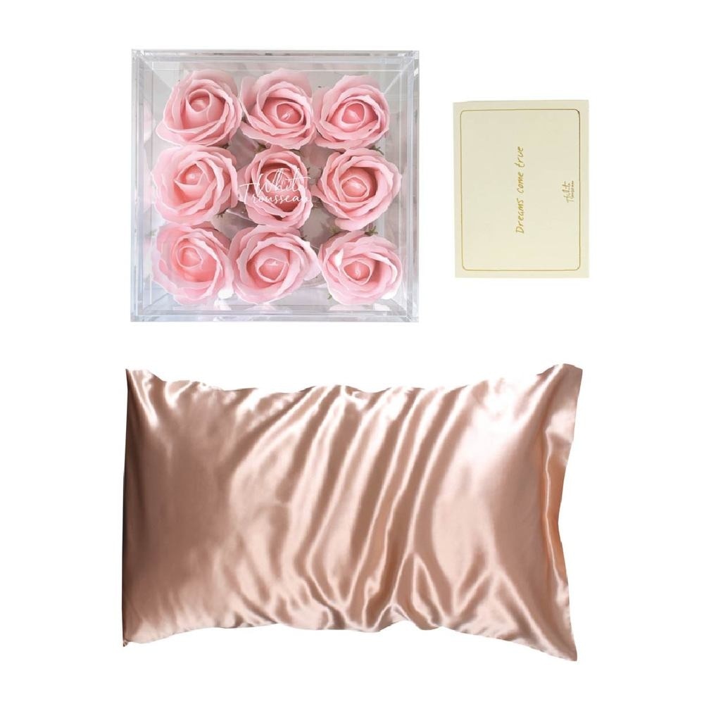 Pink Blush Blossom Box consist Eden Pillowcase 1s + Soap-Scented Pink Roses Set