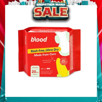 BLOOD - Hypoallergenic & Antibacterial Ultrathin Sanitary Pad Wings Regular 25cm (Made from Corn + Skin Friendly) 14s