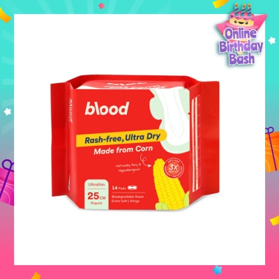 BLOOD Hypoallergenic & Antibacterial Ultrathin Sanitary Pad Wings Regular 25cm (Made from Corn + Skin Friendly) 14s