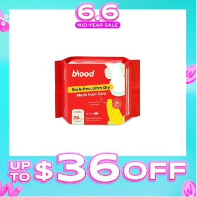 BLOOD - Hypoallergenic & Antibacterial Ultrathin Sanitary Pad Wings Regular 25cm (Made from Corn + Skin Friendly) 14s