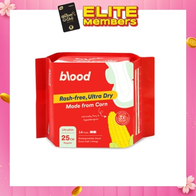 BLOOD Hypoallergenic & Antibacterial Ultrathin Sanitary Pad Wings Regular 25cm (Made from Corn + Skin Friendly) 14s