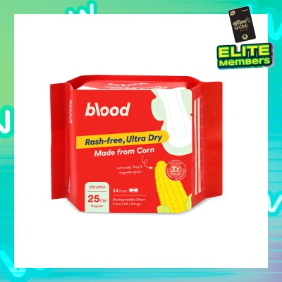 BLOOD Hypoallergenic & Antibacterial Ultrathin Sanitary Pad Wings Regular 25cm (Made from Corn + Skin Friendly) 14s