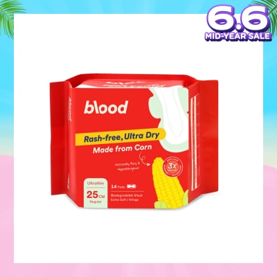 BLOOD Hypoallergenic & Antibacterial Ultrathin Sanitary Pad Wings Regular 25cm (Made from Corn + Skin Friendly) 14s