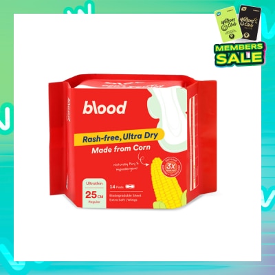 BLOOD Hypoallergenic & Antibacterial Ultrathin Sanitary Pad Wings Regular 25cm (Made from Corn + Skin Friendly) 14s