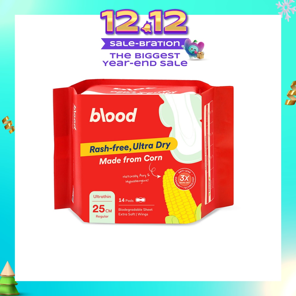 Hypoallergenic & Antibacterial Ultrathin Sanitary Pad Wings Regular 25cm (Made from Corn + Skin Friendly) 14s