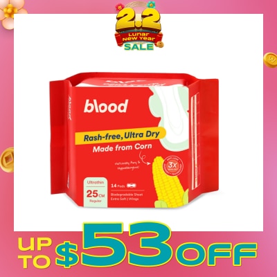 BLOOD Hypoallergenic & Antibacterial Ultrathin Sanitary Pad Wings Regular 25cm (Made from Corn + Skin Friendly) 14s