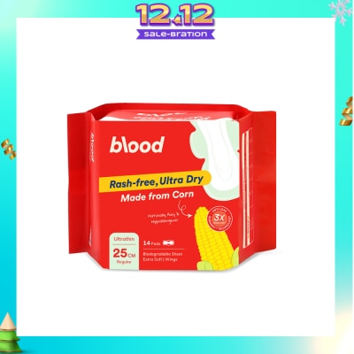 BLOOD Hypoallergenic & Antibacterial Ultrathin Sanitary Pad Wings Regular 25cm (Made from Corn + Skin Friendly) 14s