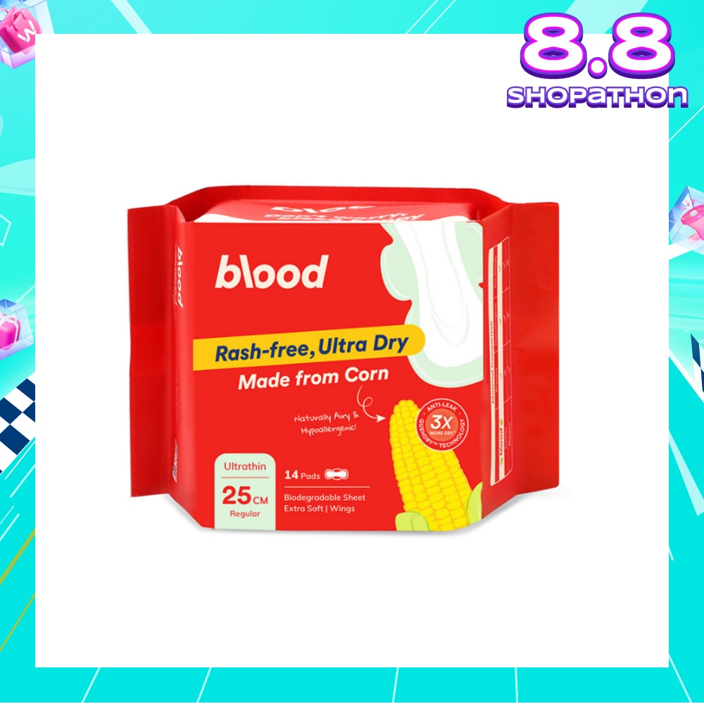 Hypoallergenic & Antibacterial Ultrathin Sanitary Pad Wings Regular 25cm (Made from Corn + Skin Friendly) 14s