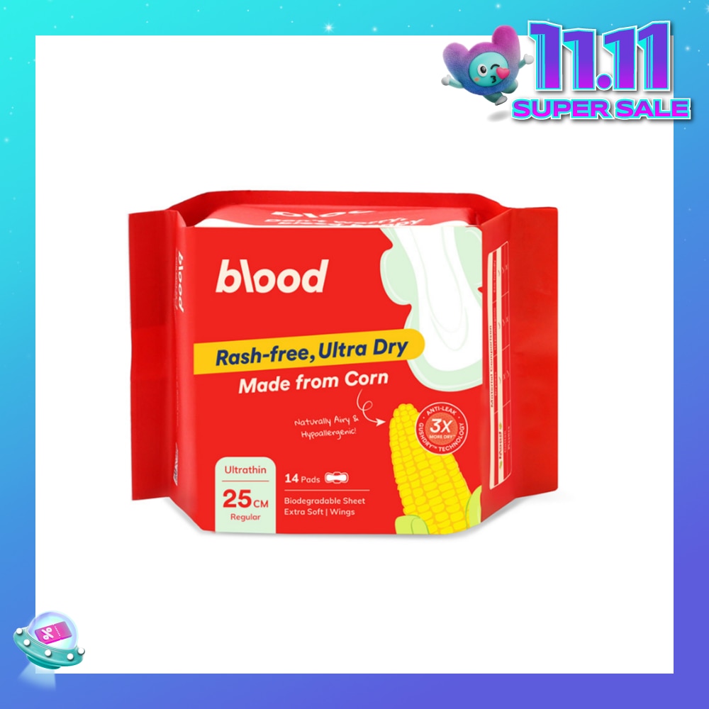 Hypoallergenic & Antibacterial Ultrathin Sanitary Pad Wings Regular 25cm (Made from Corn + Skin Friendly) 14s